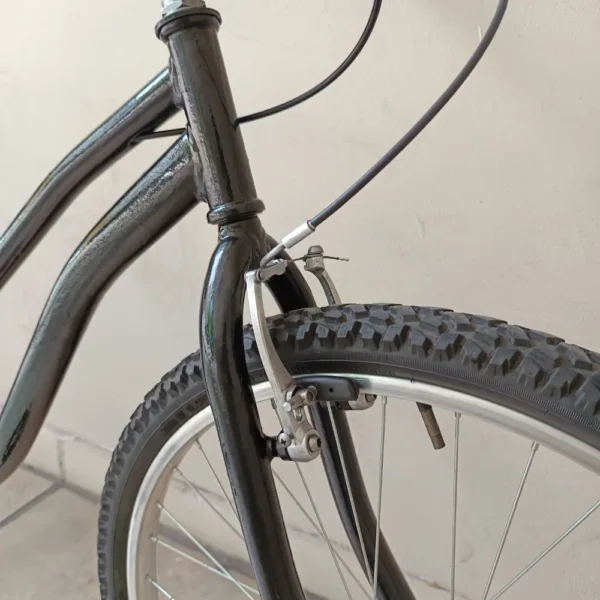 Primer plano de la rueda delantera y el freno de una bicicleta negra, de marca PLAYERA NEGRA, con cuadro de acceso bajo. La rueda está equipada con un neumático con banda de rodadura y llanta de metal, y la pinza de freno está montada sobre el neumático. El fondo muestra una pared blanca lisa.